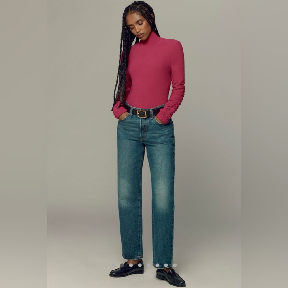 By Anthropologie Ruched-Sleeve Turtleneck Top in Raspberry size Small - Picture 3 of 9